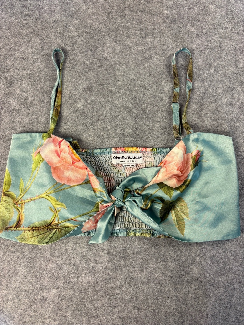 Charlie Holiday Floral Tie-Front Crop Top in Aqua with Pink Roses
